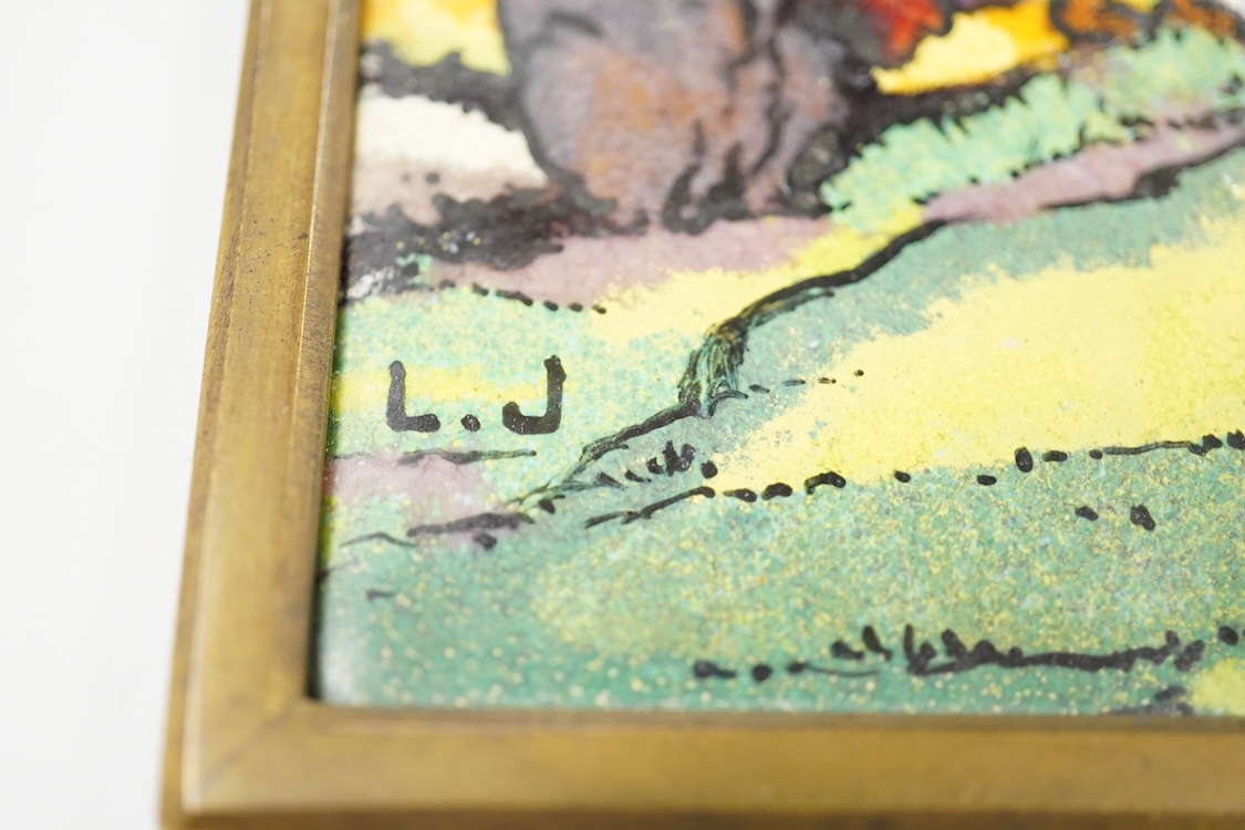 Léon Jouhaud (1874-1950), 'Retour au Logis', signed lower left, an enamel on copper plaque, 9.5 x 7cm